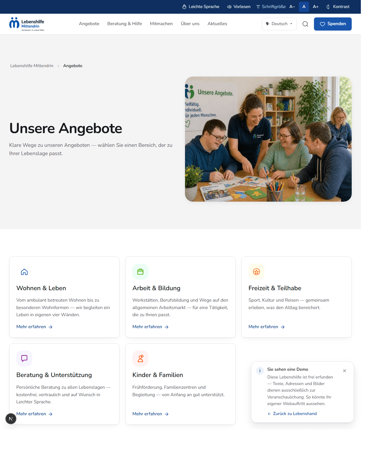 Angebote-Übersichtsseite einer Beispiel-Lebenshilfe — strukturiert nach Lebensbereichen, mit Hero, Filterleiste und Themenkarten