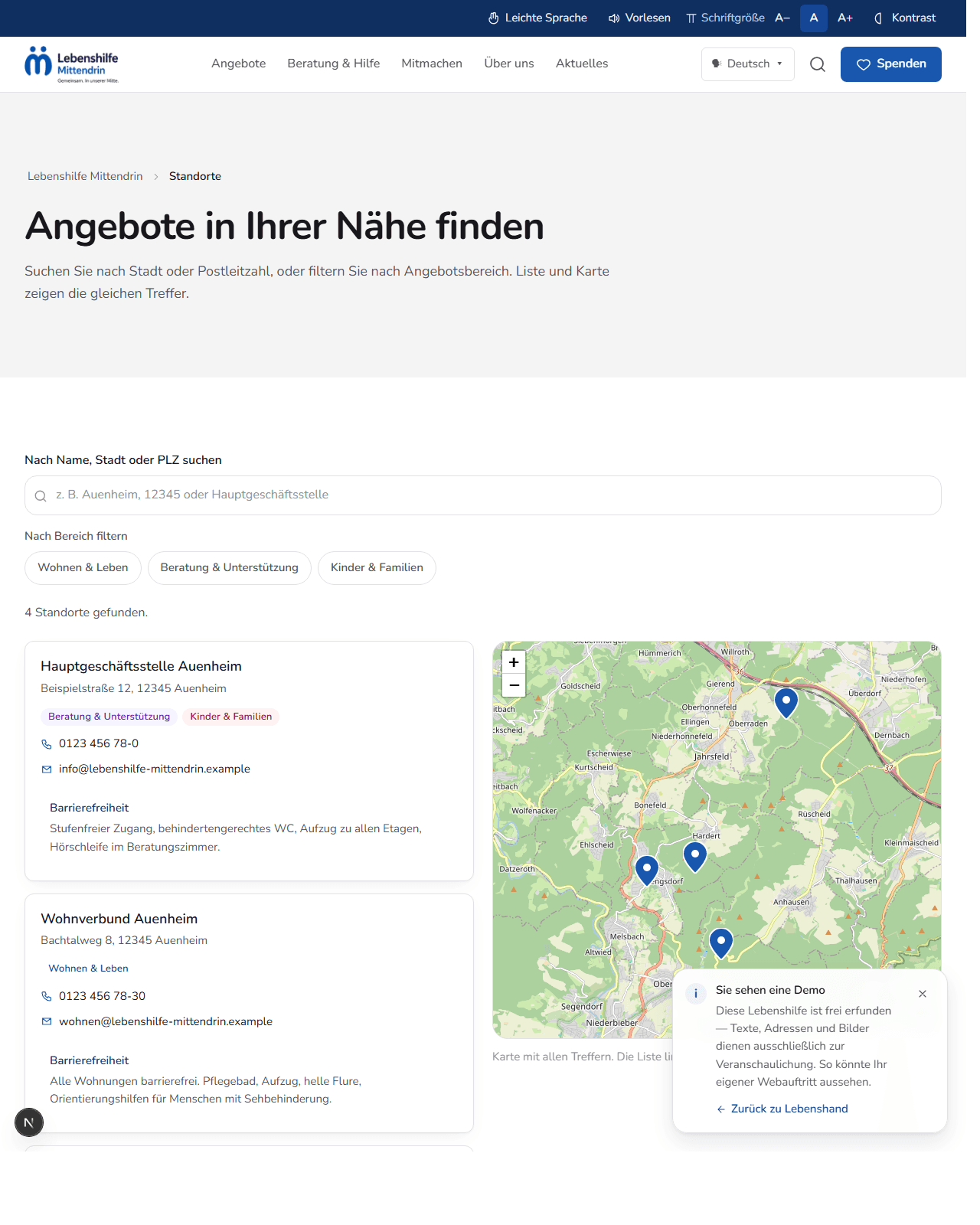 Standortsuche mit PLZ-Eingabe, Filter nach Bereich, Listenansicht und Karte mit Markern — gleichwertige Alternativen